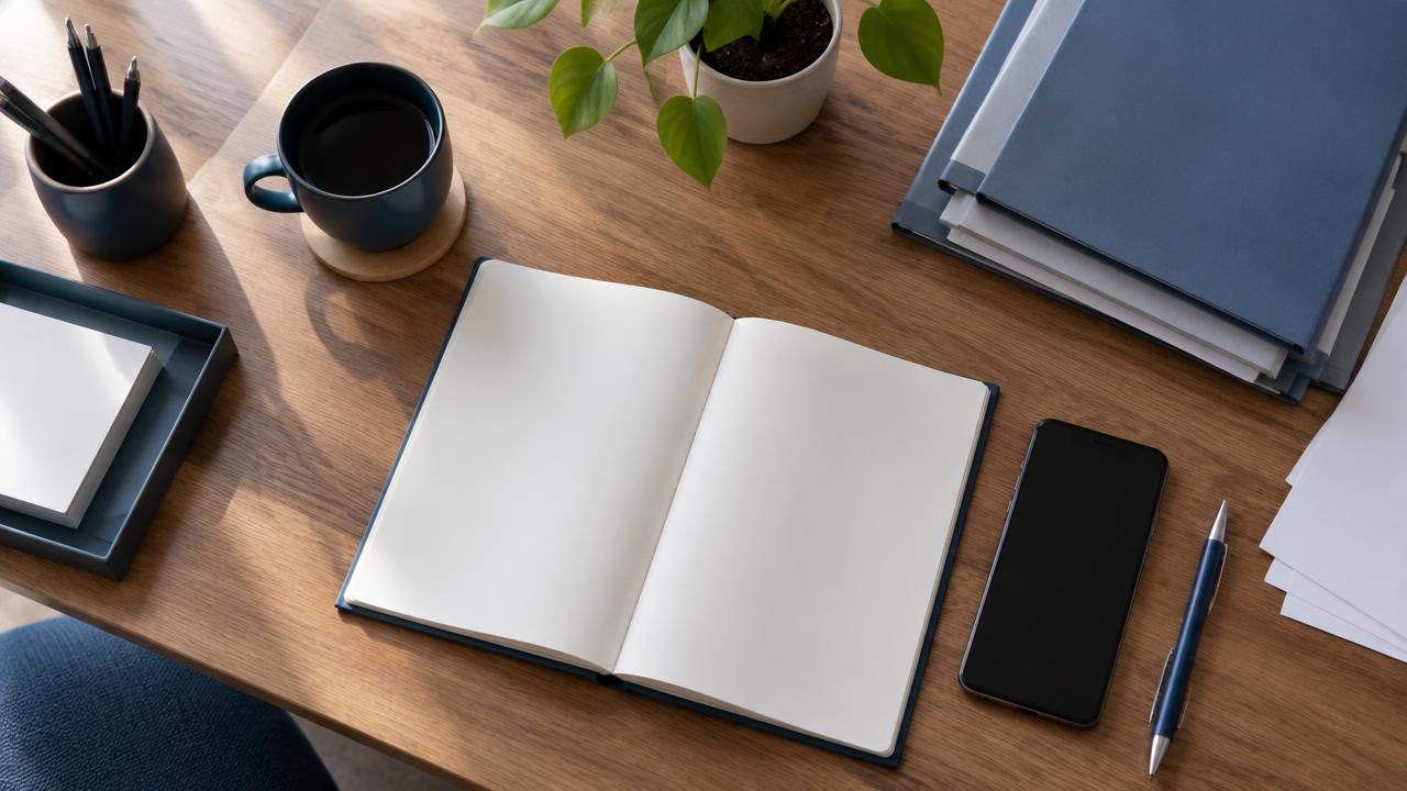 Caderno aberto, celular com tela apagada e pastas de documentos organizados sobre uma mesa