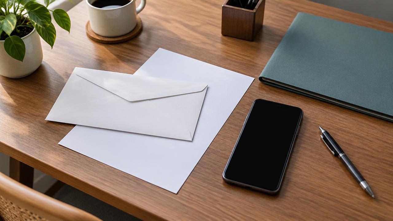 Envelope, documento, celular e pasta organizados para conferir uma comunicação policial